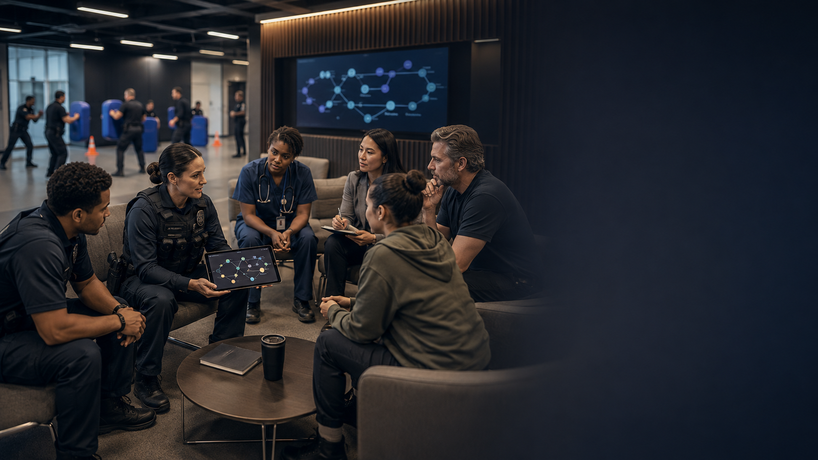 Professional training environment with diverse team in modern facility